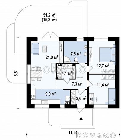 Проект компактного одноэтажного дома из кирпича с двумя спальнями и большой угловой открытой террасой / План 1 этажа Проект компактного одноэтажного дома из кирпича с двумя спальнями и большой угловой открытой террасой / План 1 этажа