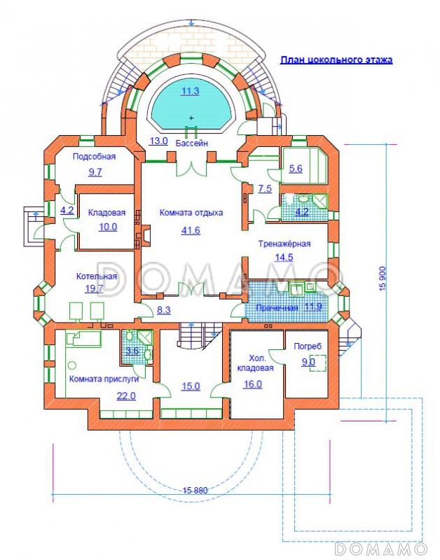 Проект жилого дома с небольшим бассейном на цокольном этаже / План цокольного этажа
