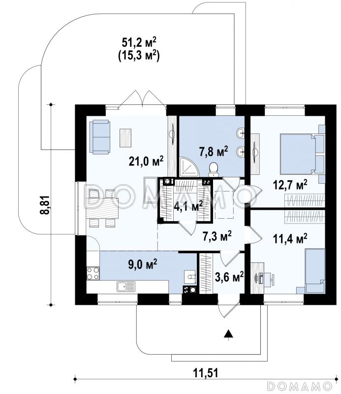Проект компактного одноэтажного дома из кирпича с двумя спальнями и большой угловой открытой террасой / План 1 этажа