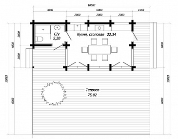 Проект беседки из клееного бруса с огромной открытой террасой / План 1 этажа
