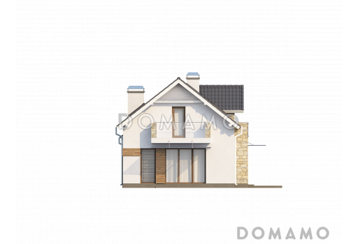 Проект мансардного дома из газобетона с гаражом, прямоугольным эркером и двумя балконами / Фасад 3