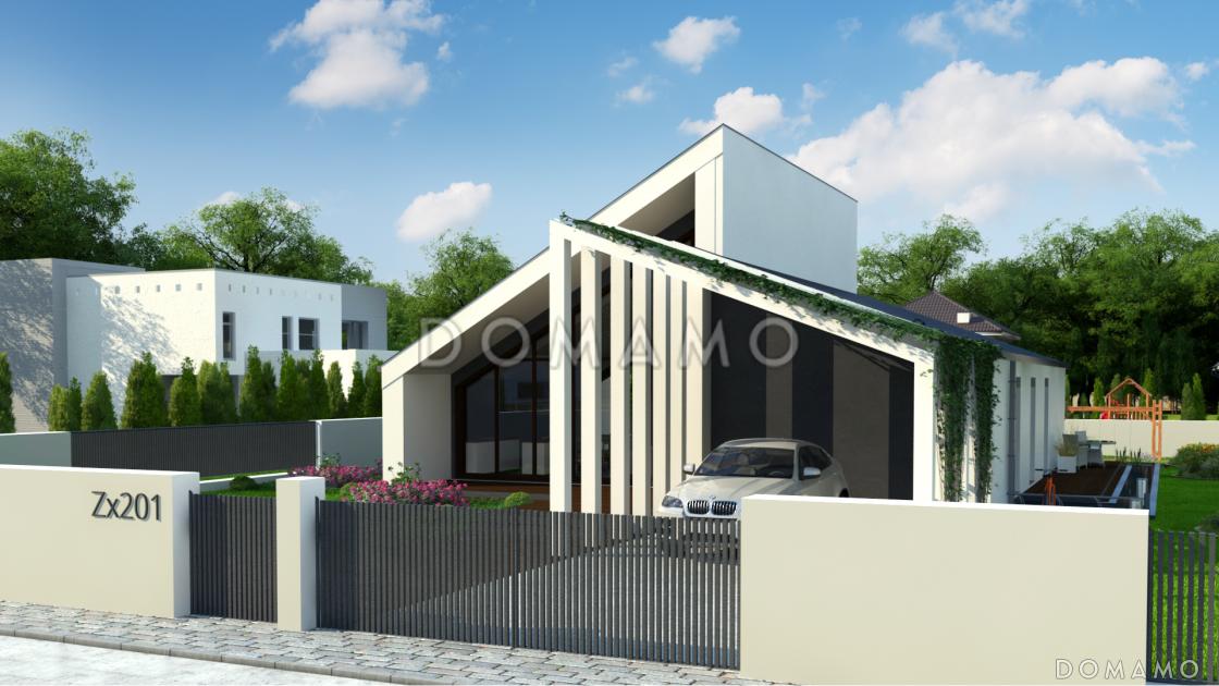 Проект одноэтажного дома с косой крышей, большими террасами, панорамным остеклением дневной зоны / 2