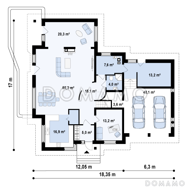 Проект просторного мансардного коттеджа из кирпича с пятью спальнями, кабинетом и гаражом / План 1 этажа