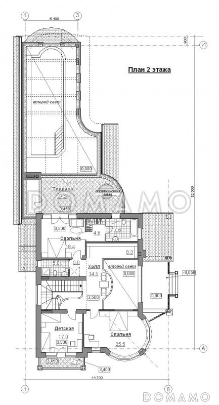 Проект коттеджа с двусветной гостиной и бассейном с сауной / План 2 этажа