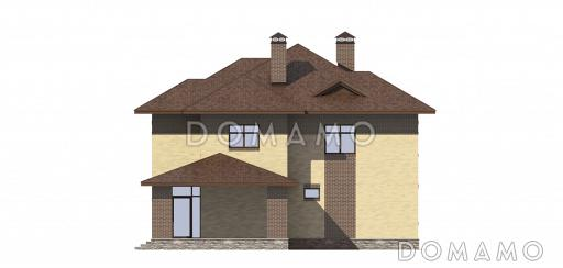 Проект коттеджа из кирпича с двуцветной облицовкой и хозяйским санузлом / Фасад сзади