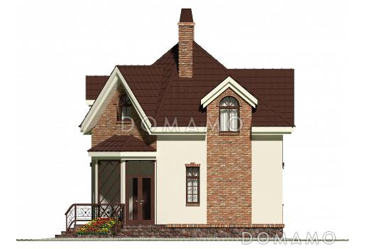 Проект квадратного  коттеджа  со входом с угла и большой террасой / Фасад 4