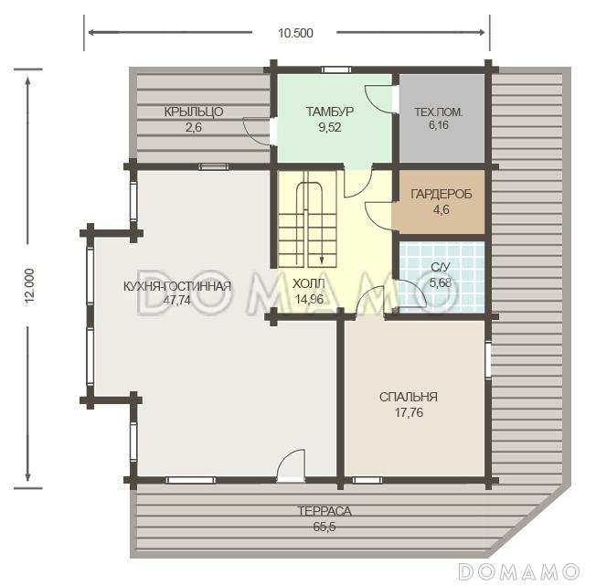 Проект дома из клееного бруса с несложными фасадами / План 1 этажа