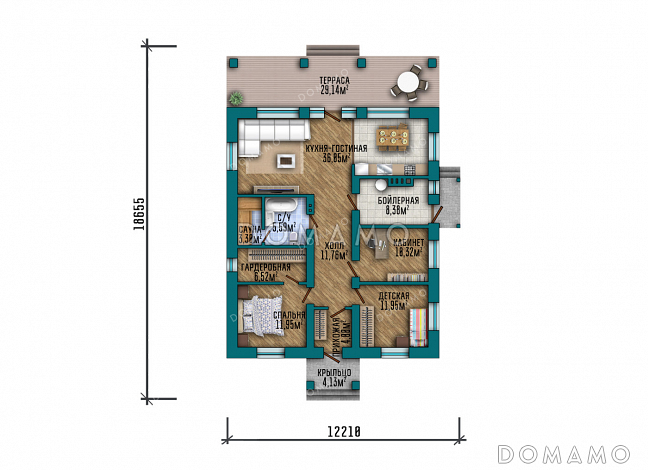 Проект выразительного одноэтажного дома с двухскатной крышей в разных уровнях, большой террасой и вторым светом / План 1 этажа Проект выразительного одноэтажного дома с двухскатной крышей в разных уровнях, большой террасой и вторым светом / План 1 этажа