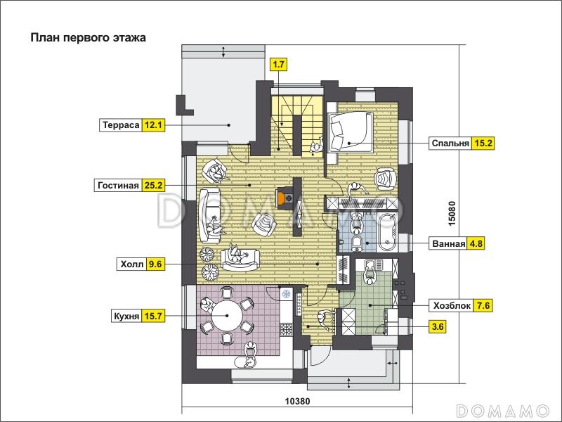 Двухэтажный загородный дом с облицовкой кирпичом, крытой террасой, спальней на первом этаже, двумя балконами / План 1 этажа