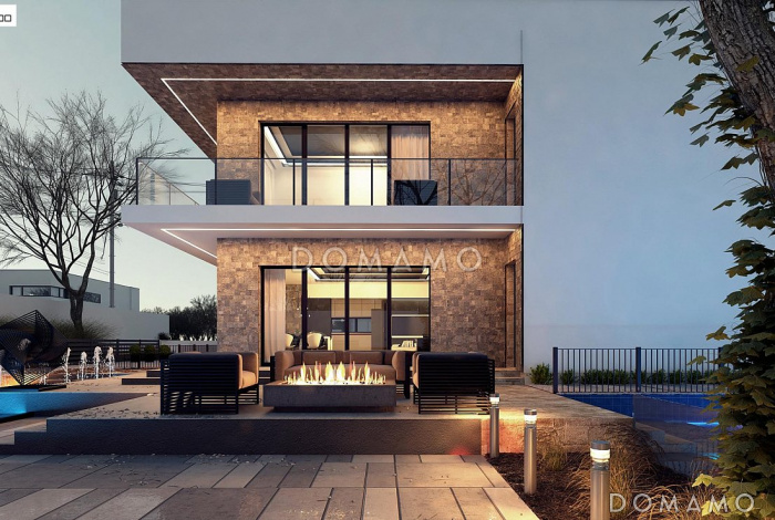 Проект современного двухэтажного дома из кирпича с плоской крышей, четырьмя комнатами и двумя лоджиями Проект современного двухэтажного дома из кирпича с плоской крышей, четырьмя комнатами и двумя лоджиями