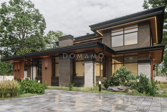 Проект современного дома с большой гостиной, кабинетом и мастер-спальней на первом этаже