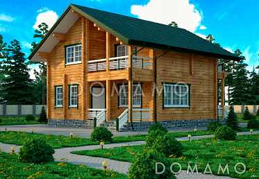 Проект дома из клееного бруса с мансардой и двумя балконами на втором этаже