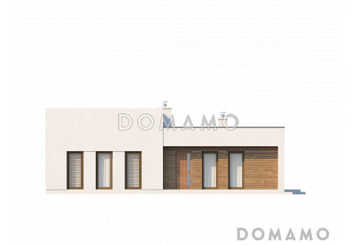 Проект современного одноэтажного дома с плоской крышей из кирпича с тремя спальнями и панорамным остеклением гостиной / Фасад 4