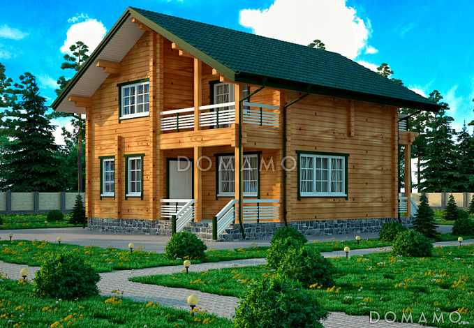 Проект дома из клееного бруса с мансардой и двумя балконами на втором этаже Проект дома из клееного бруса с мансардой и двумя балконами на втором этаже
