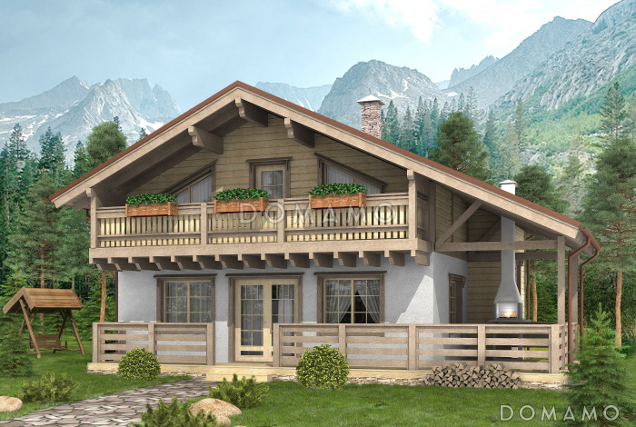 Проект каркасного дома с просторной угловой террасой