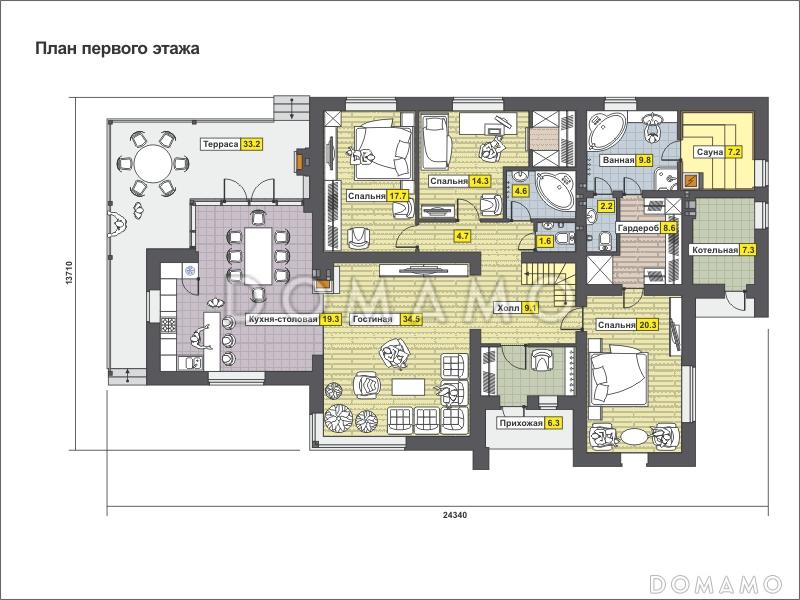 Проект дома со вторым светом, большой крытой террасой, сауной, спальными комнатами на первом и мансардном этажах   / План 1 этажа