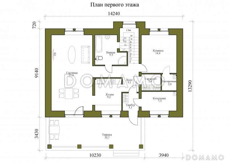 Проект двухэтажного дома с просторной гостиной, террасой и комнатой для отдыха / План 1 этажа