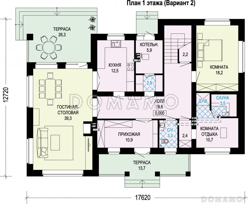 Двухэтажный загородный дом из кирпича / План 1 этажа