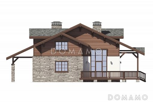 Проект каркасного горного шале с балюстрадой и навесом / фасад сзади