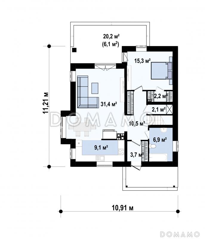 Проект комфортного дома с кладовой, балконом, тремя светлыми спальнями в мансарде / План 1 этажа
