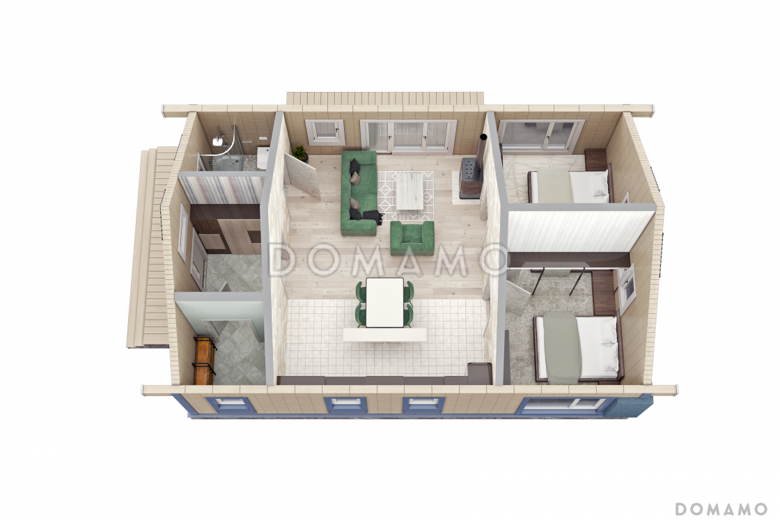 Проект одноэтажного дома из деревянного кирпича с двумя спальнями и небольшой открытой террасой / 6