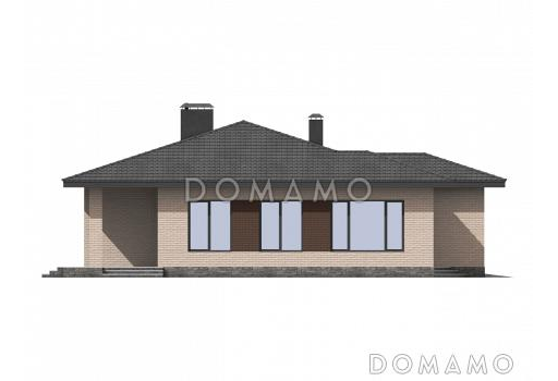 Проект одноэтажного дома с гаражом, террасой, детскими комнатами, просторной гостиной / Фасад 2