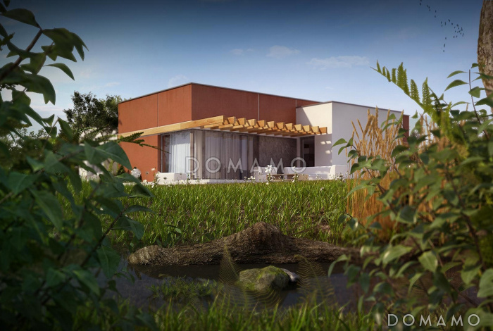 Проект просторного современного одноэтажного дома из кирпича с четырьмя спальнями