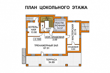 Проект дома из кирпича для неровных участков / План цокольного этажа Проект дома из кирпича для неровных участков / План цокольного этажа