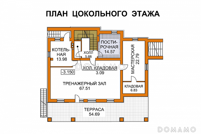 Проект дома из кирпича для неровных участков / План цокольного этажа Проект дома из кирпича для неровных участков / План цокольного этажа