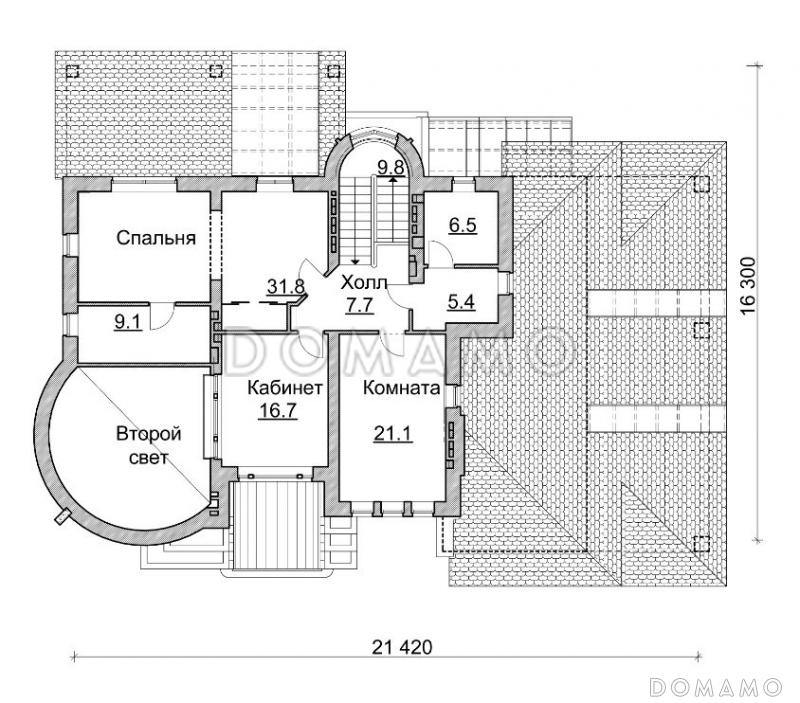 Проект коттеджа с круглой гостиной, гаражом и навесом / План 2 этажа