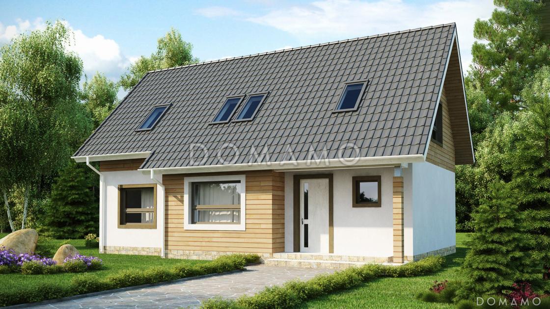 Проект загородного дома с камином в гостиной, террасой, кладовой под лестницей, мансардо / 1