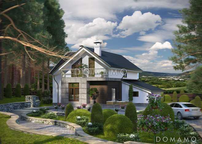 Проект современного дома с гаражом,  кладовой, террасой, балконами