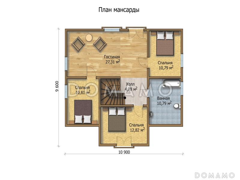 Проект дома с небольшой террасой и гостиной, которая объединена с кухней / План мансардного этажа