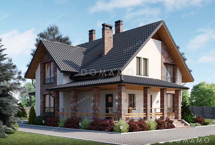 Проект загородного дома с тремя спальнями на мансарде, кабинетом и двумя террасами