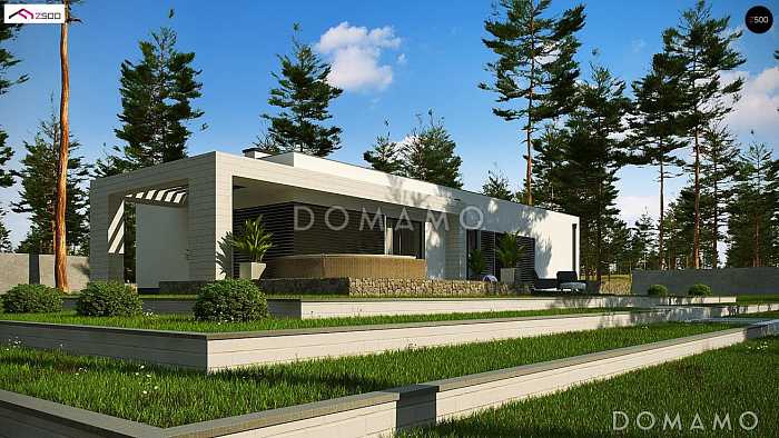 Проект уютного современного одноэтажного дома из кирпича с плоской крышей, с тремя спальнями и гаражом