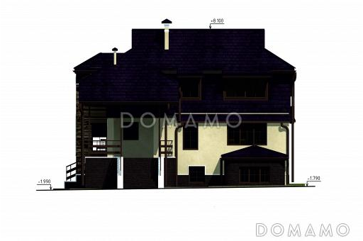 Проект дома с цокольным и мансардным этажами, с круглым эркером и террасой / Фасад 3