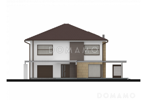Проект простого комфортного двухэтажного дома из кирпича с тремя спальнями, вторым светом и гаражом / Фасад 2