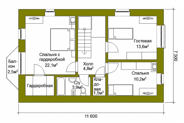 Проект компактного коттеджа с двускатной кровлей / План мансардного этажа