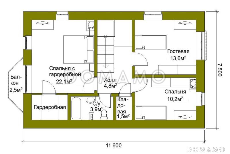 Проект компактного коттеджа с двускатной кровлей / План мансардного этажа