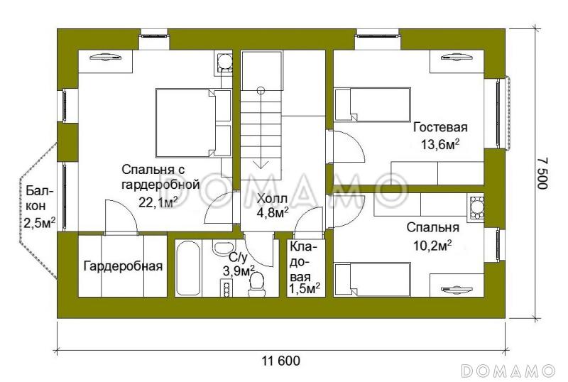 Проект компактного коттеджа с двускатной кровлей / План мансардного этажа