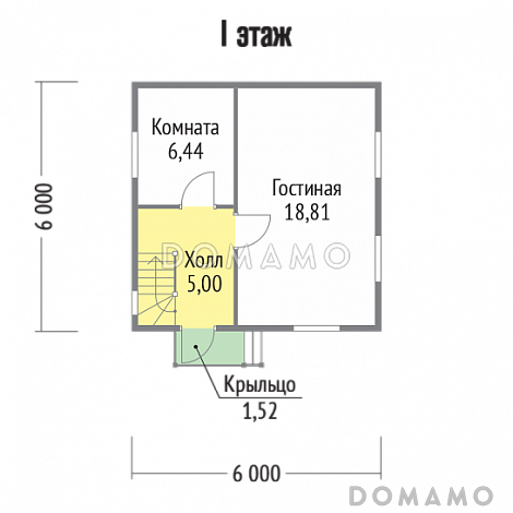 Проект каркасного дома 6х6 / План 1 этажа Проект каркасного дома 6х6 / План 1 этажа