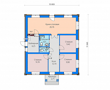 Проект загородного дома с кухней-столовой в ширину дома, тремя спальнями, двумя санузлами / План 1 этажа Проект загородного дома с кухней-столовой в ширину дома, тремя спальнями, двумя санузлами / План 1 этажа