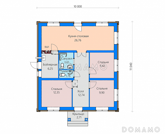 Проект загородного дома с кухней-столовой в ширину дома, тремя спальнями, двумя санузлами / План 1 этажа Проект загородного дома с кухней-столовой в ширину дома, тремя спальнями, двумя санузлами / План 1 этажа
