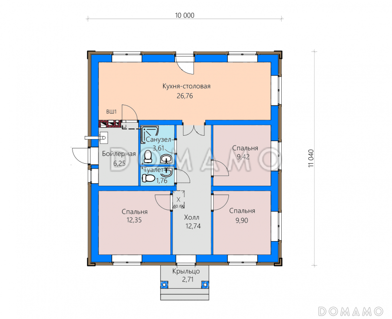Проект загородного дома с кухней-столовой в ширину дома, тремя спальнями, двумя санузлами / План 1 этажа