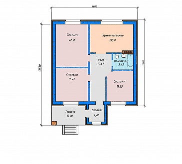 Проект дома с террасой и небольшой верандой, кухней-гостиной и тремя спальнями / План 1 этажа Проект дома с террасой и небольшой верандой, кухней-гостиной и тремя спальнями / План 1 этажа