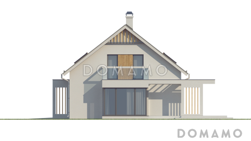 Проект одноэтажного мансардного дома из кирпича со стеклянным эркером в кухонной зоне, двумя балконами и гаражом / Фасад 1