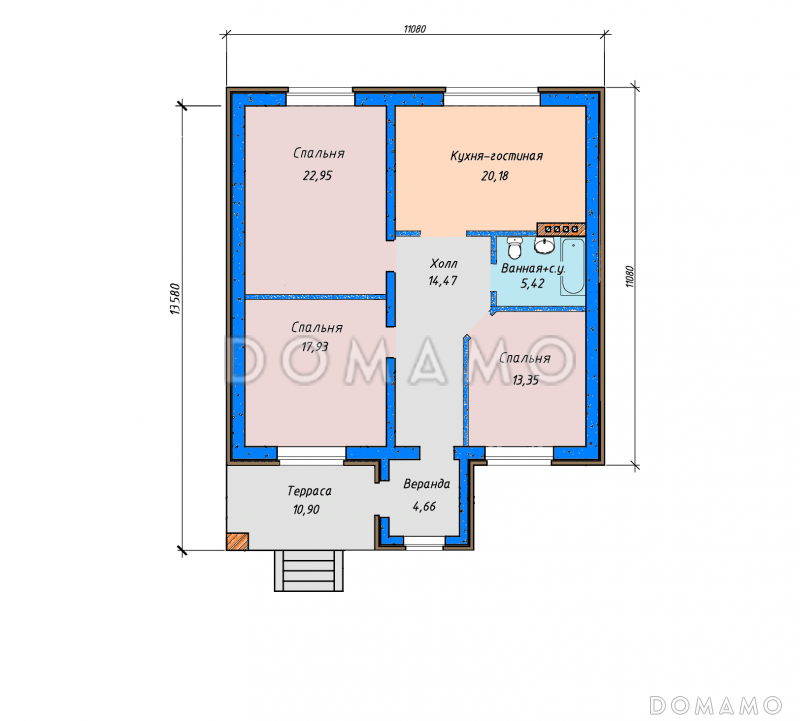 Проект дома с террасой и небольшой верандой, кухней-гостиной и тремя спальнями / План 1 этажа