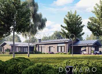 Проект одноэтажного Г-образного дома из кирпича с мастер-спальней, теплой террасой, парной и навесом для двух машин