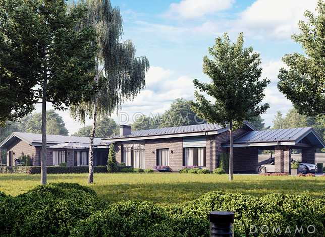 Проект одноэтажного Г-образного дома из кирпича с мастер-спальней, теплой террасой, парной и навесом для двух машин Проект одноэтажного Г-образного дома из кирпича с мастер-спальней, теплой террасой, парной и навесом для двух машин