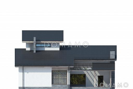 Проект дома с косой крышей, террасой, вытянутой прямоугольной кухней, просторной совмещенной гостиной столовой, спальней на первом этаже, вторым светом, игровой, кабинетом под крышей / Фасад 3